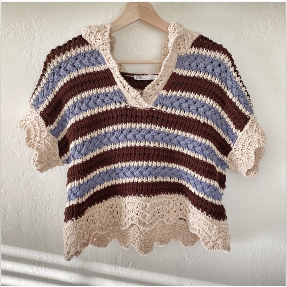 New Zara Crochet Knit Hooded Short Sleeve Sweater - Picture 2 of 8